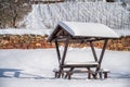 So-called cold spot on the Lutherweg near the SÃÂ¼ÃÅ¸en See with a covered patio in winter with fresh snow Royalty Free Stock Photo